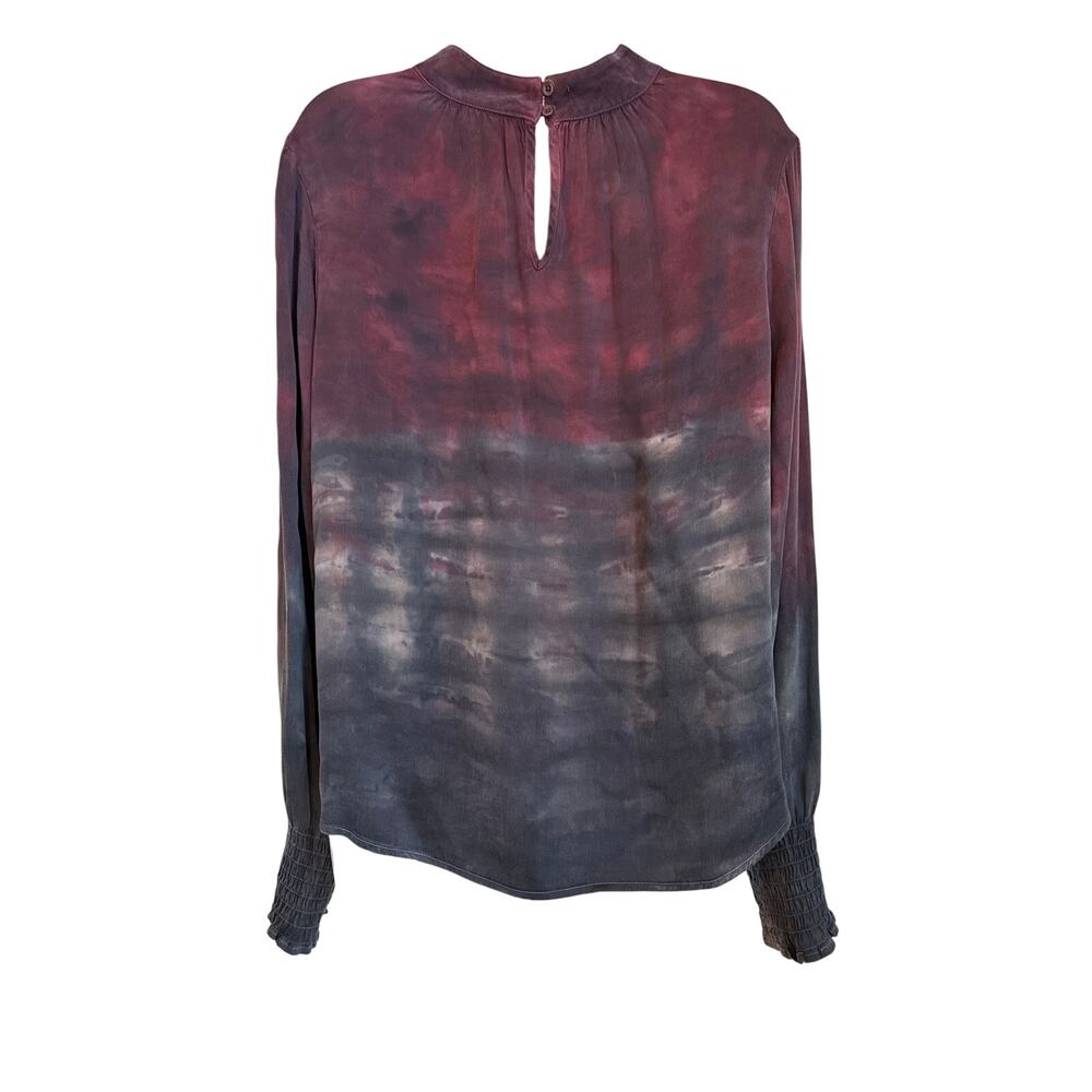 Cloth & Stone Cupro Tie Dye Mock Neck Blouse Burgundy Grey Smocked Cuff‎ Large